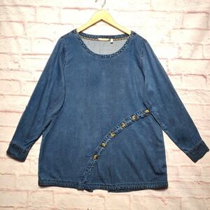 Soft Surroundings Denim Tunic Women Large Blue Button Long Sleeve Top Boho Artsy